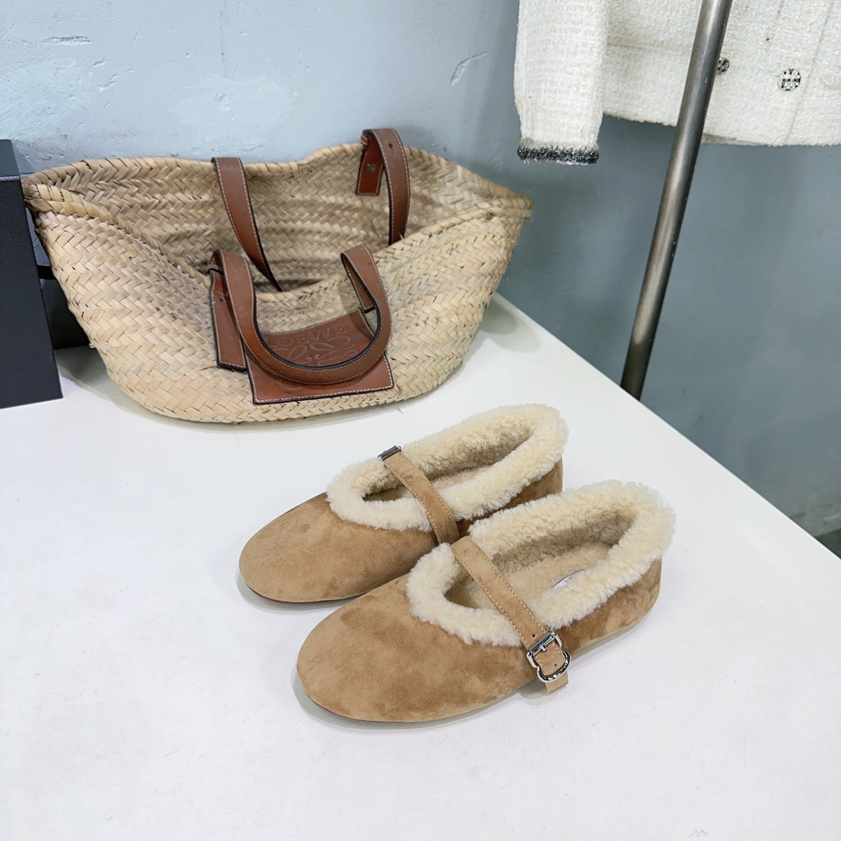 Camel Ballet Flats In Merino Shearling