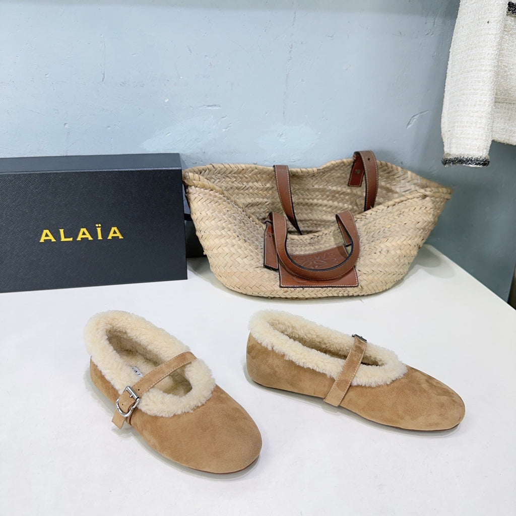 Camel Ballet Flats In Merino Shearling
