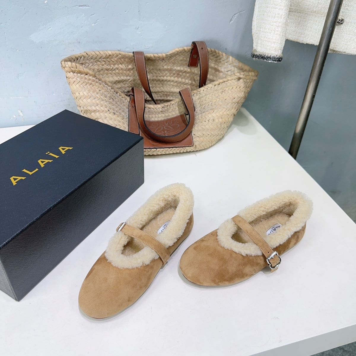 Camel Ballet Flats In Merino Shearling