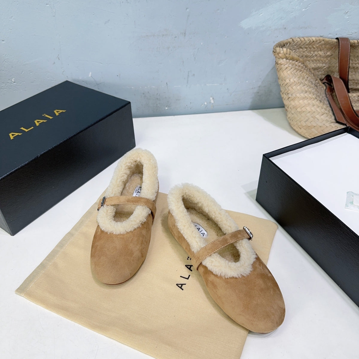 Camel Ballet Flats In Merino Shearling