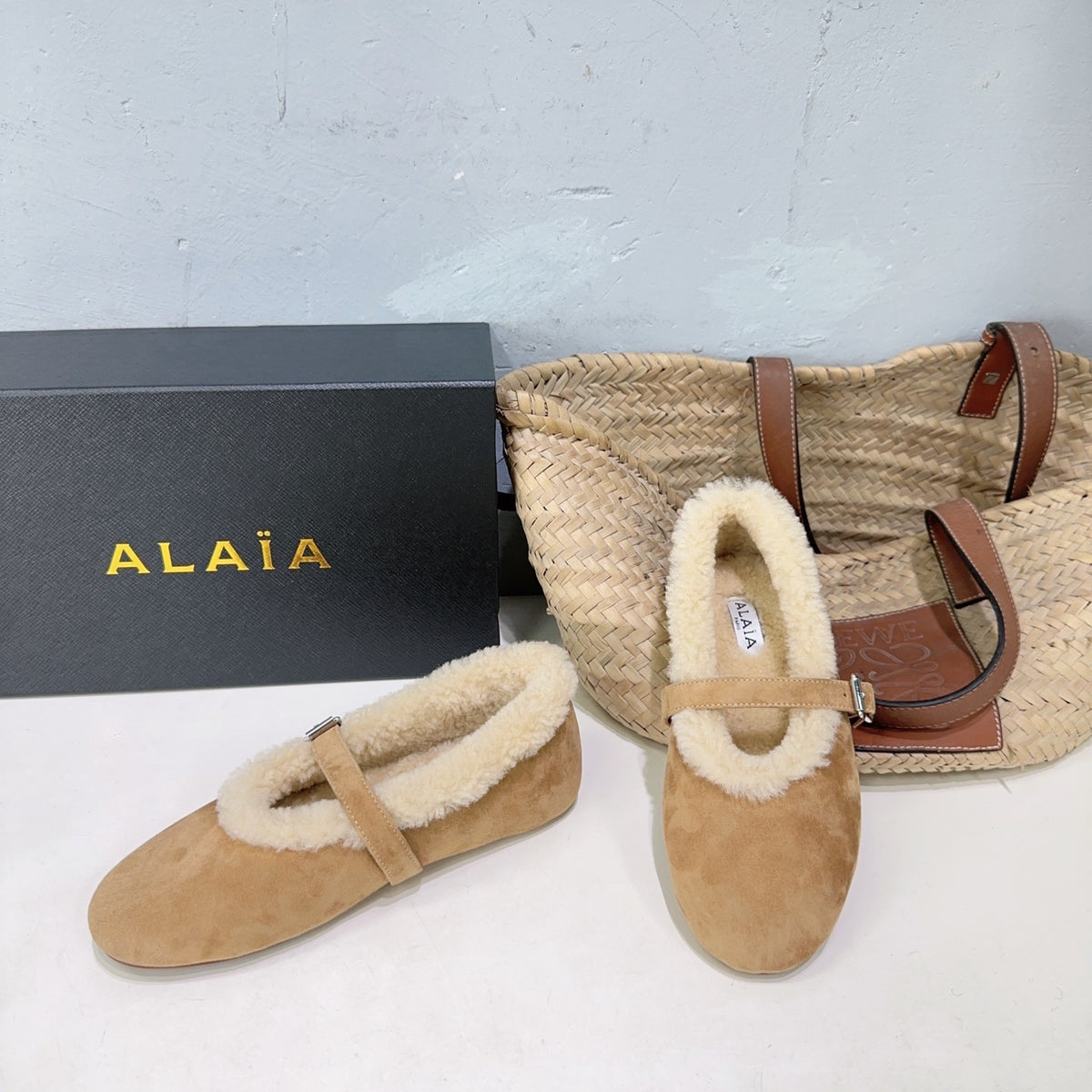 Camel Ballet Flats In Merino Shearling