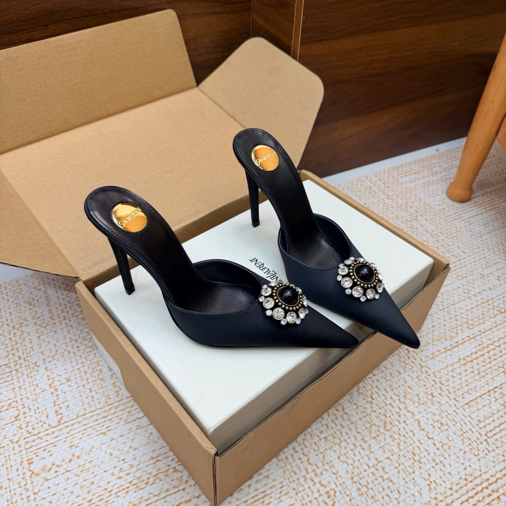 Black Cosmo Mules In Satin