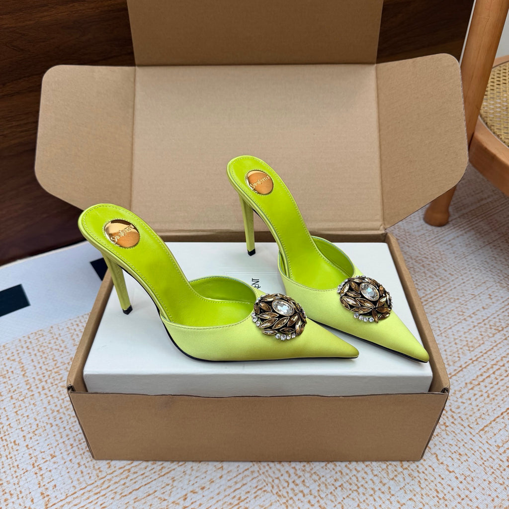Lemon Green Cosmo Mules In Satin