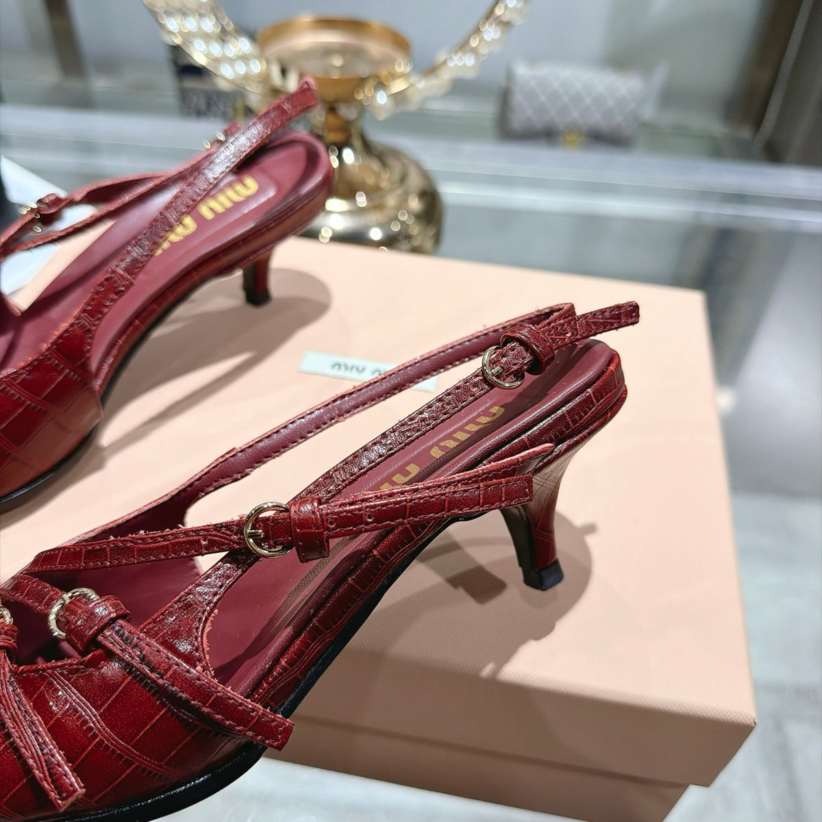 Cherry Red Crocodile Embossed Calfskin Slingback Pumps - 10