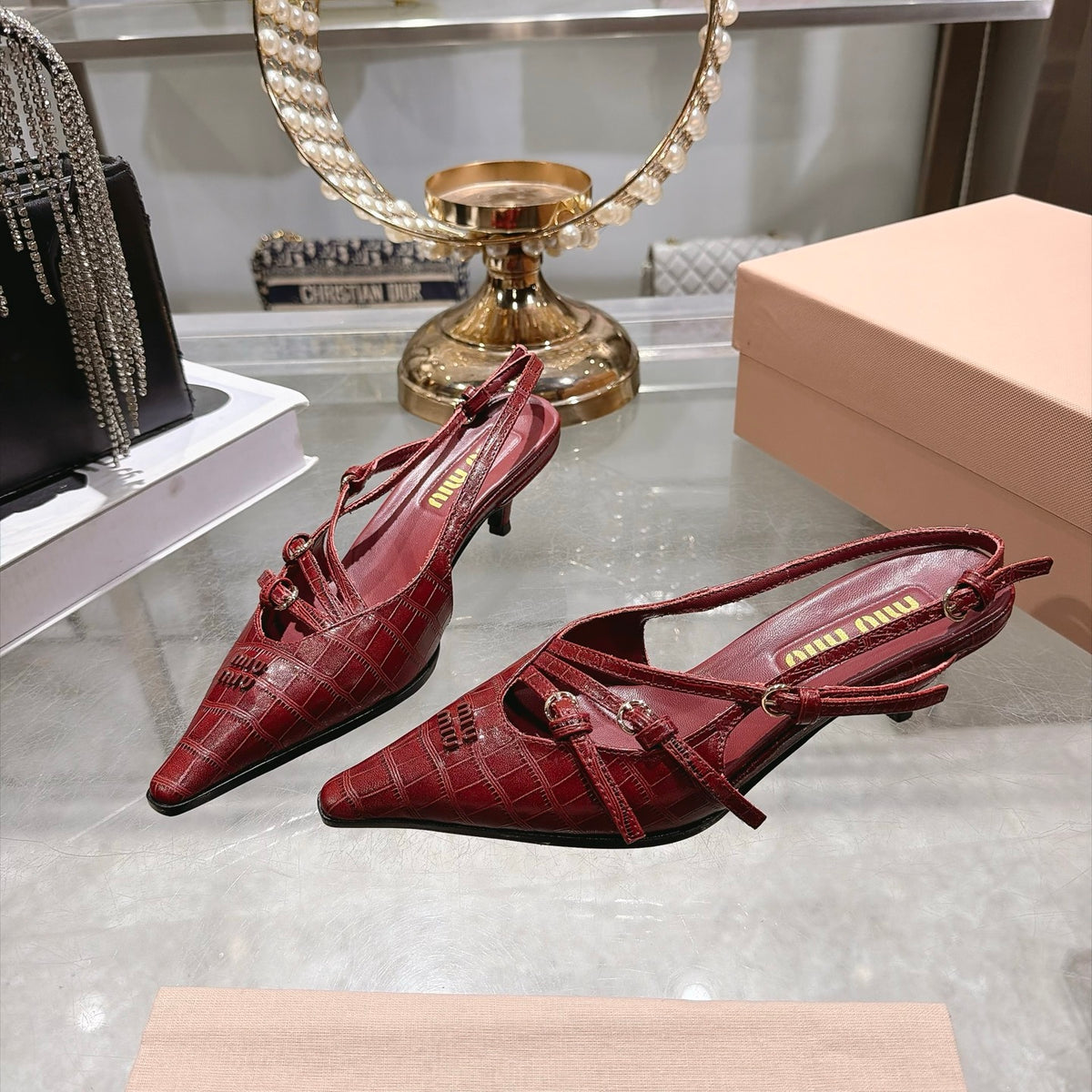 Cherry Red Crocodile Embossed Calfskin Slingback Pumps - 3