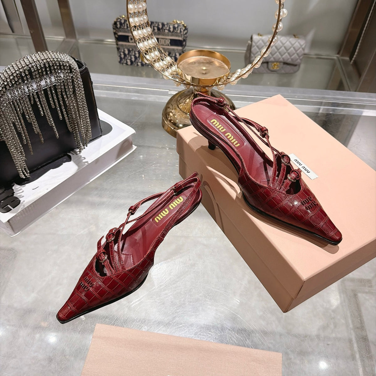 Cherry Red Crocodile Embossed Calfskin Slingback Pumps - 5