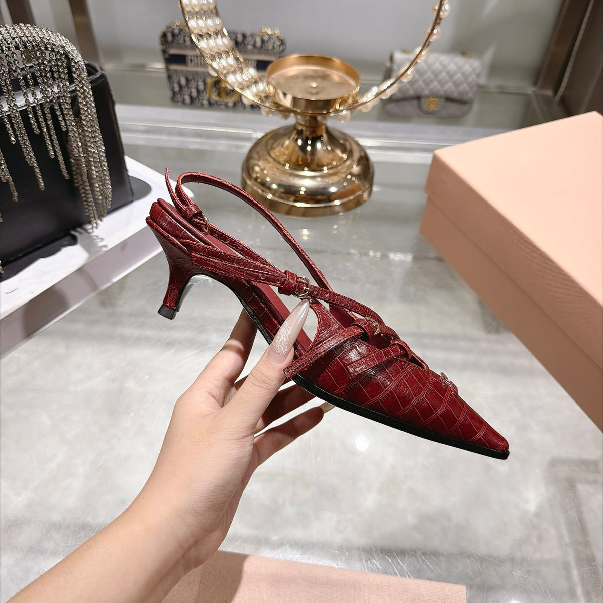 Cherry Red Crocodile Embossed Calfskin Slingback Pumps - 6