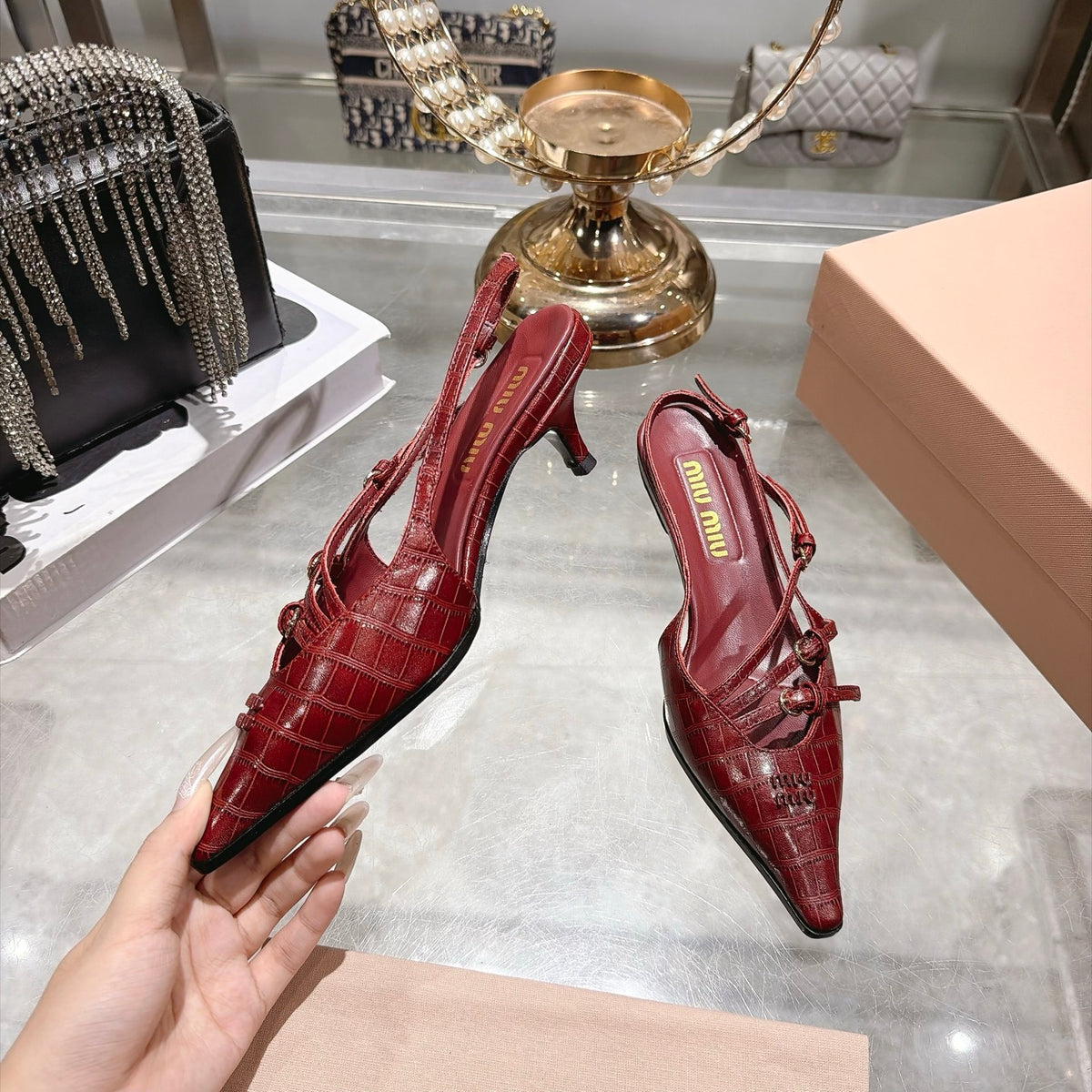 Cherry Red Crocodile Embossed Calfskin Slingback Pumps - 7