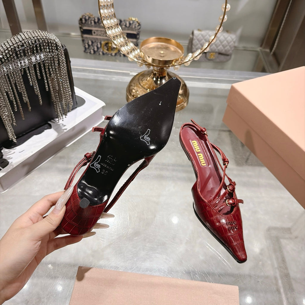 Cherry Red Crocodile Embossed Calfskin Slingback Pumps - 9