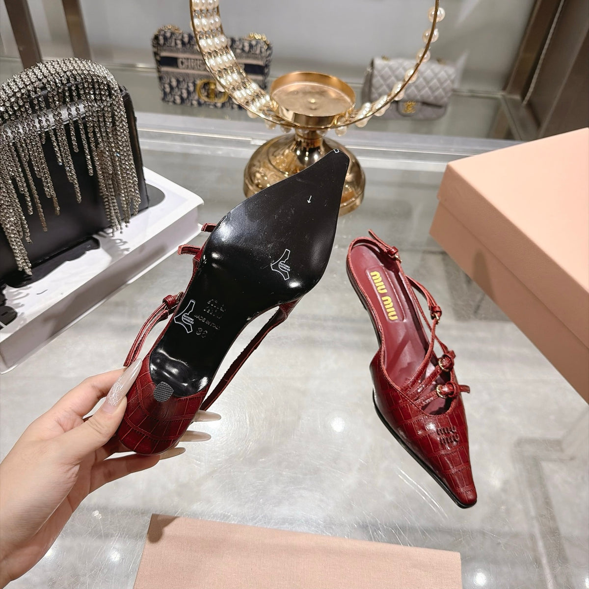 Cherry Red Crocodile Embossed Calfskin Slingback Pumps - 9
