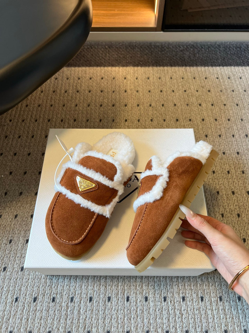 Cocoa Brown Suede And Shearling Mules - 5