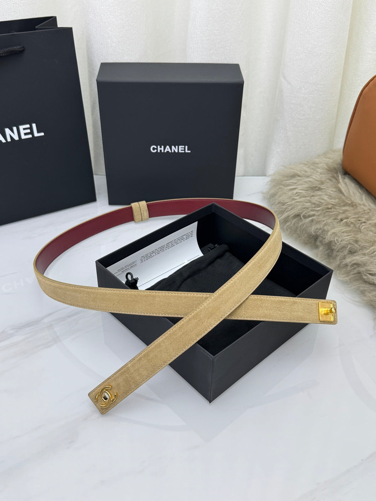 Dark Beige & Gold Leather Belt