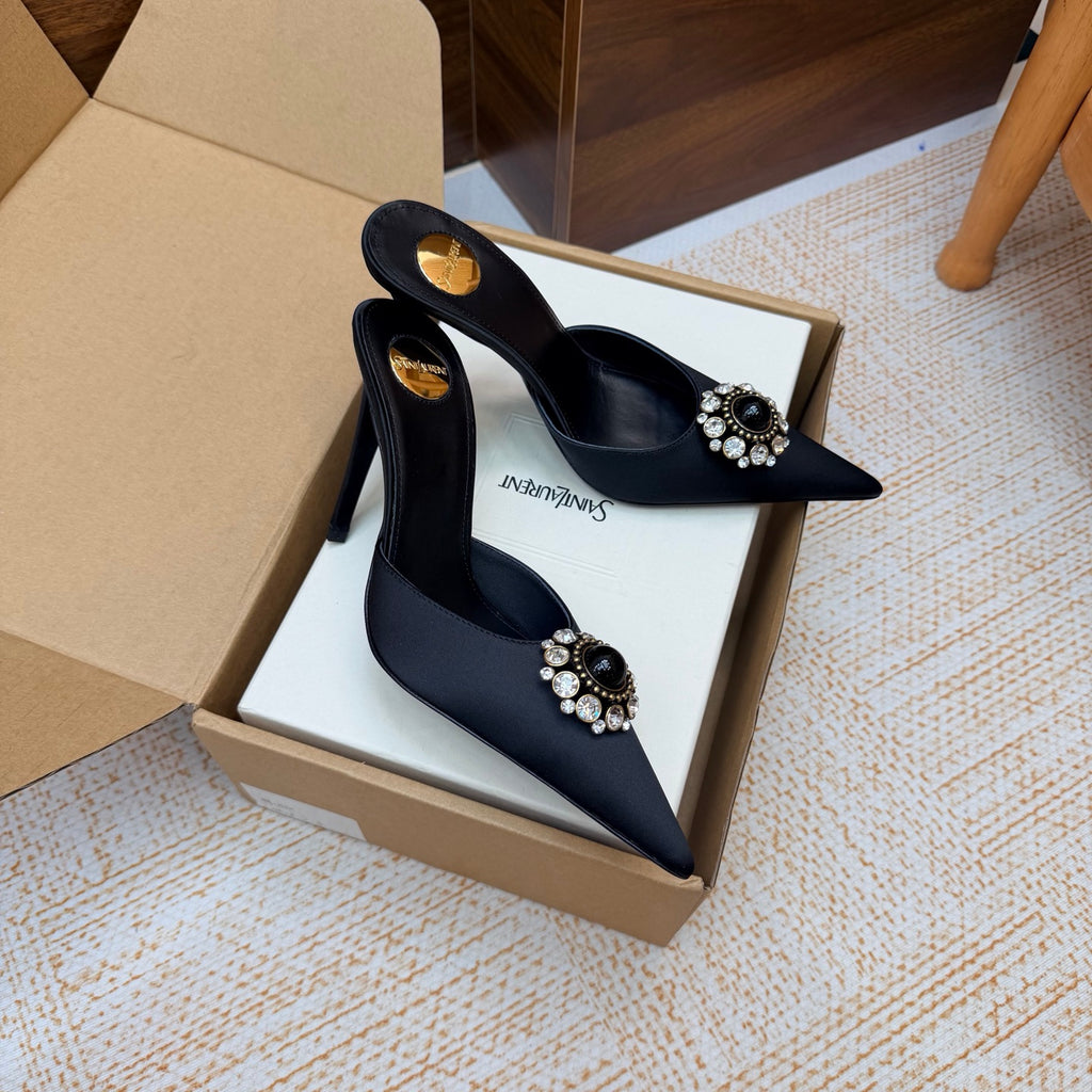 Black Cosmo Mules In Satin