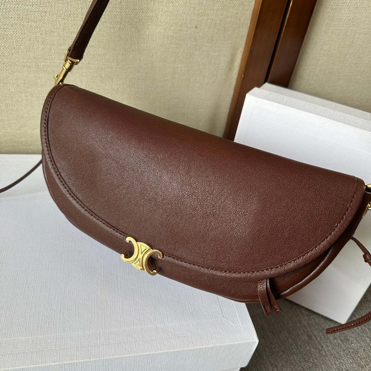 Deep Brown Soft Triomphe Little Halfmoon In Leather