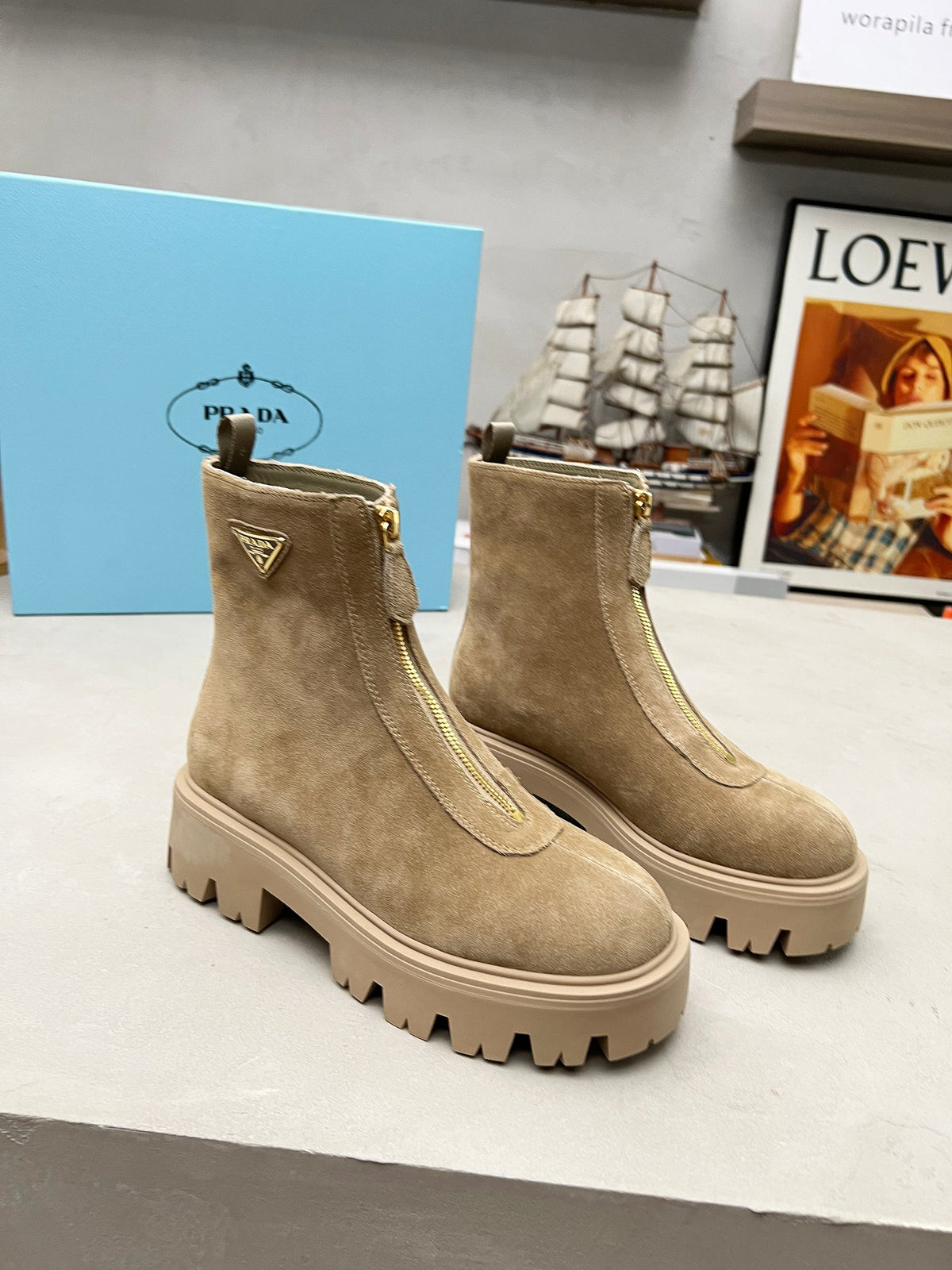 Desert Beige Stride Suede Booties With Zip - 2