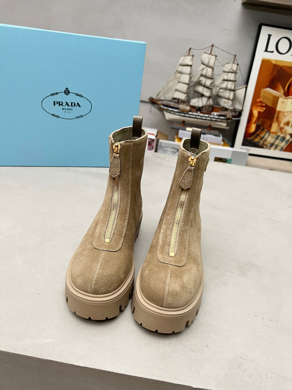 Desert Beige Stride Suede Booties With Zip - 3