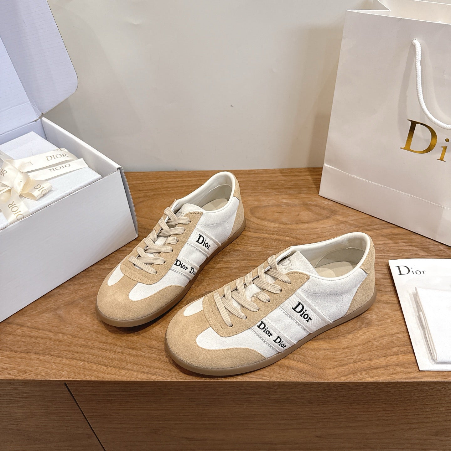 White & Beige Suede Ribbon Sneaker