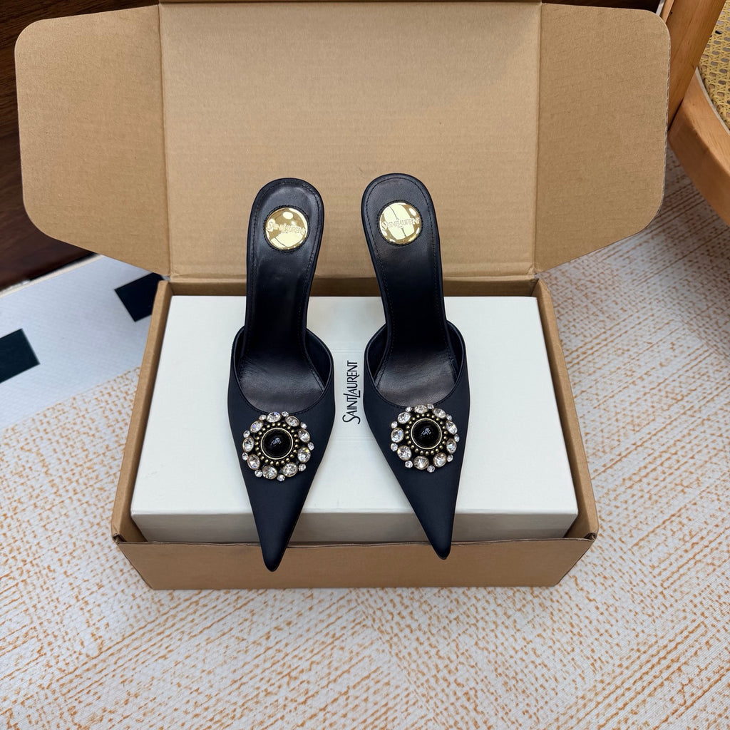 Black Cosmo Mules In Satin