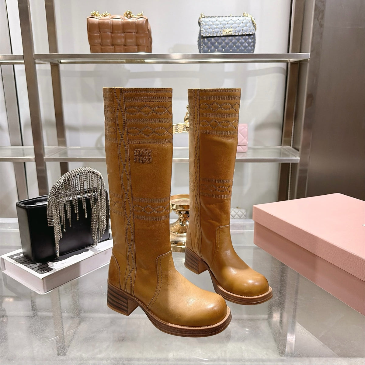 Light Tan Embroidered Leather Boots