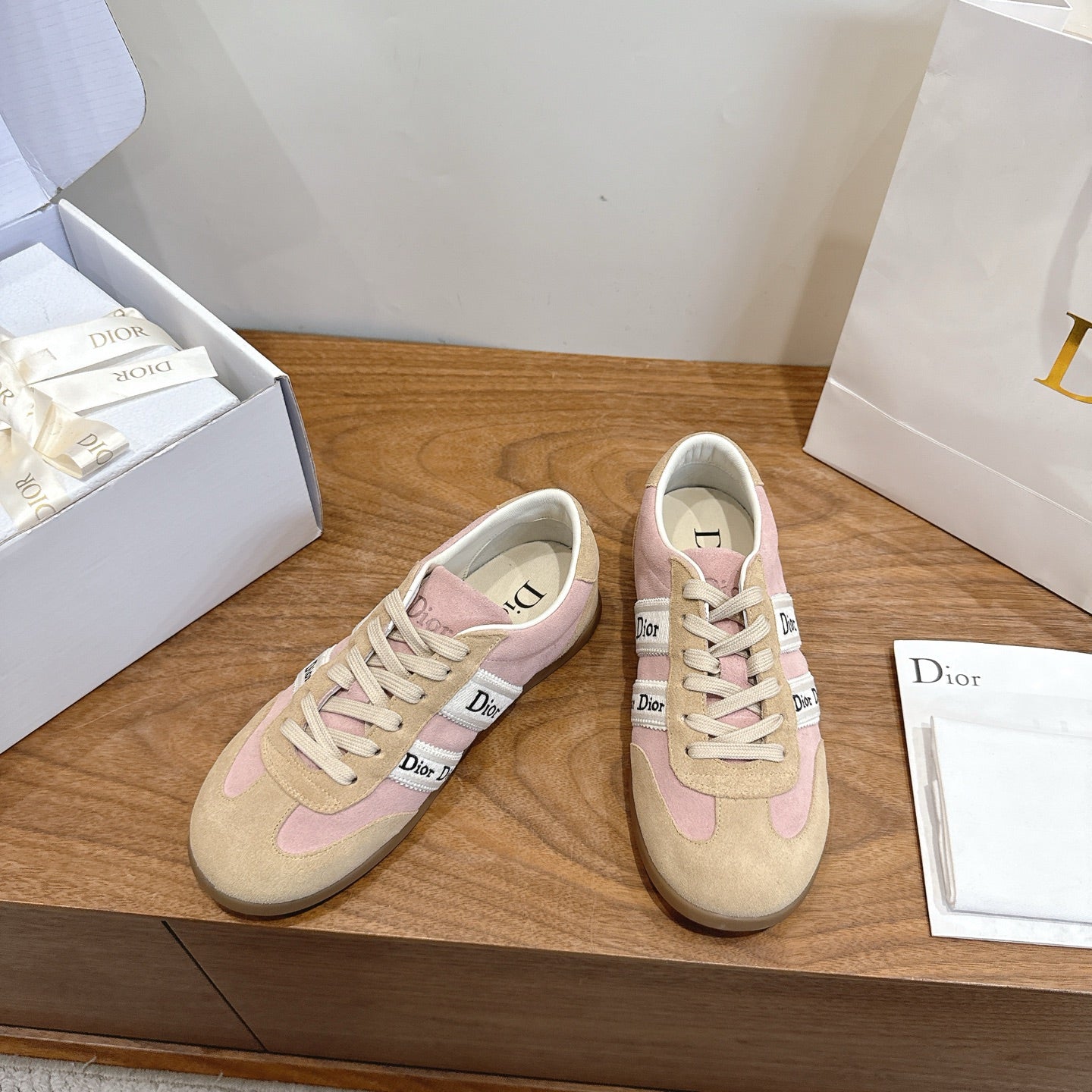 Pink & Beige Suede Ribbon Sneaker