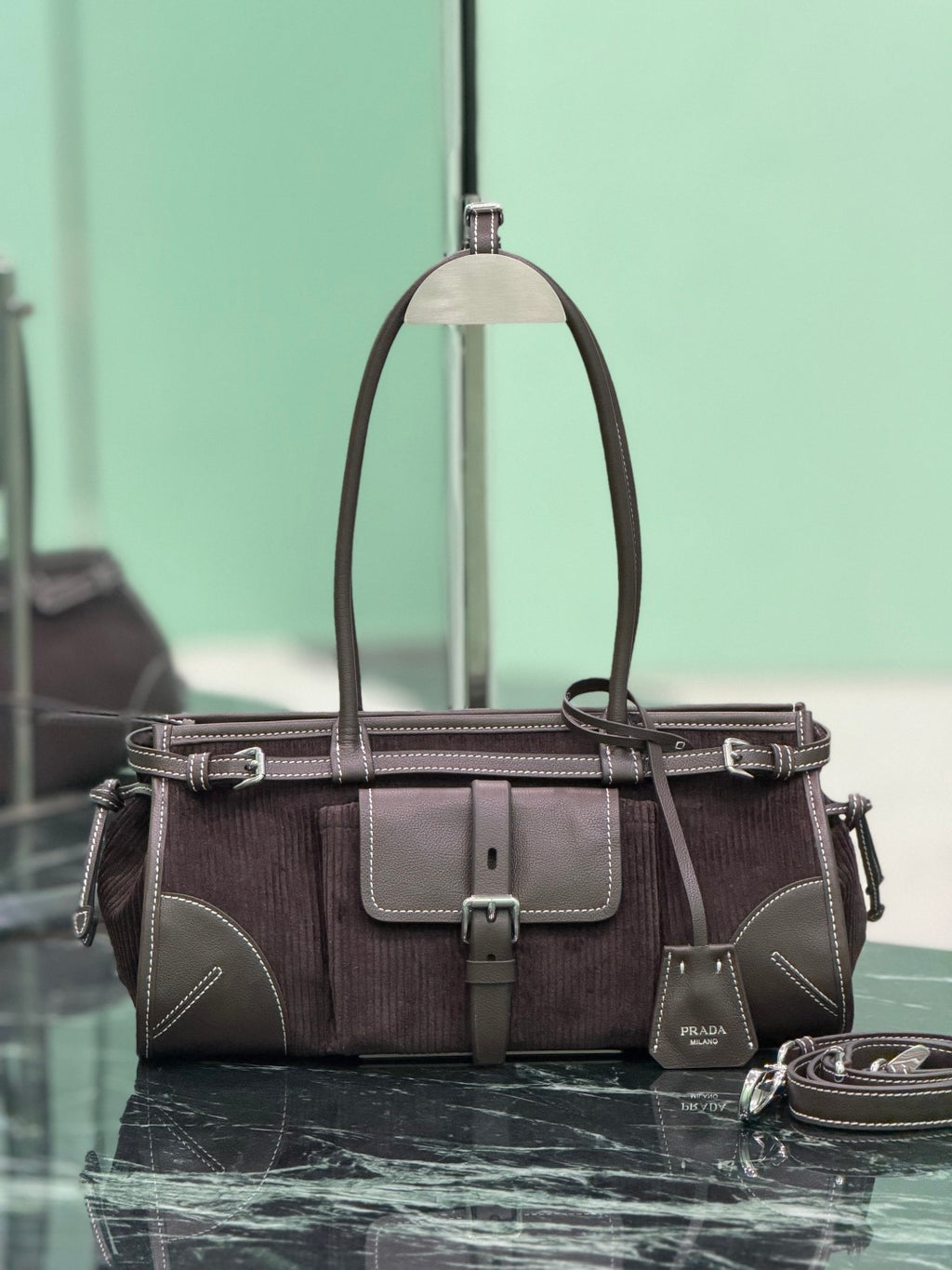 Ebony Prada Bonnie Medium Corduroy And Leather Handbag - 2