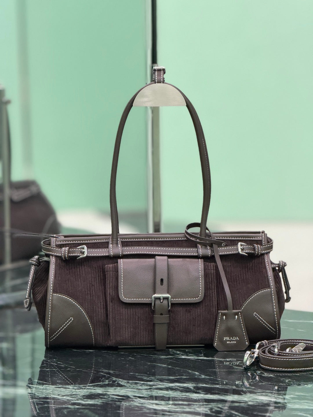 Ebony Prada Bonnie Medium Corduroy And Leather Handbag - 2
