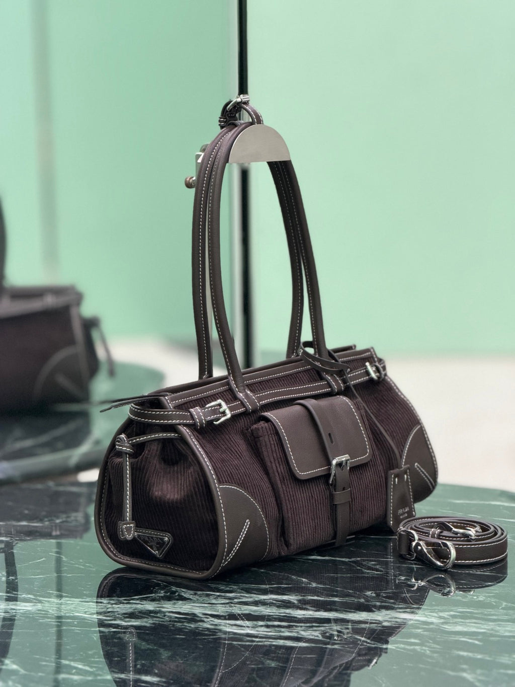 Ebony Prada Bonnie Medium Corduroy And Leather Handbag - 3