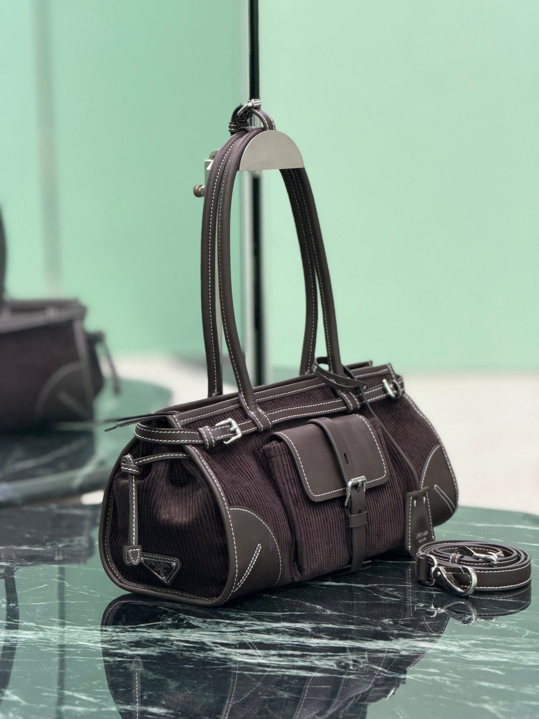 Ebony Prada Bonnie Medium Corduroy And Leather Handbag - 3