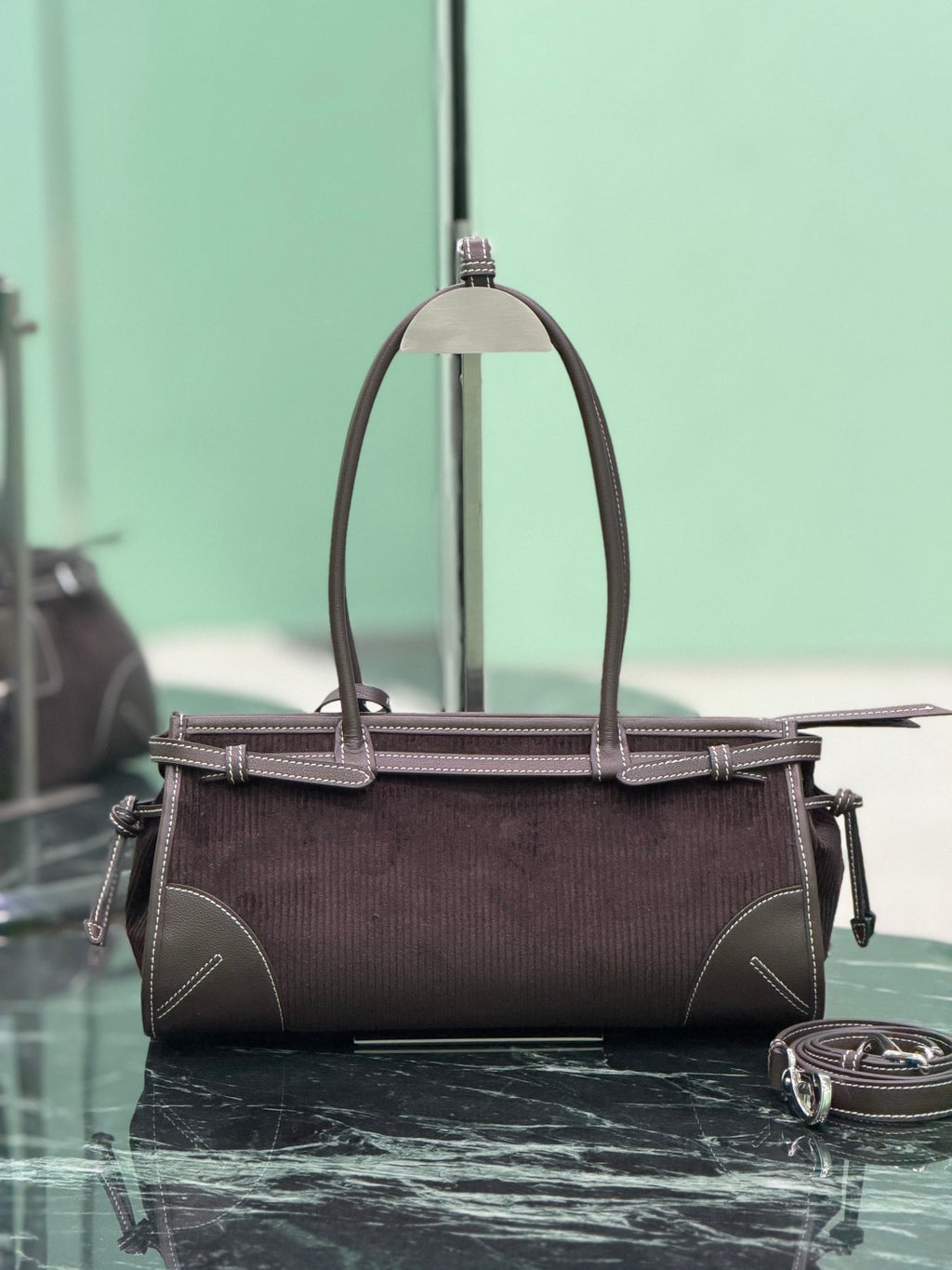 Ebony Prada Bonnie Medium Corduroy And Leather Handbag - 4