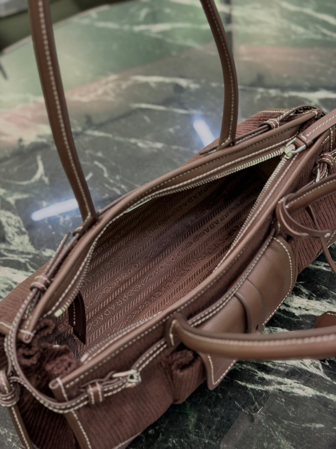 Ebony Prada Bonnie Medium Corduroy And Leather Handbag - 9