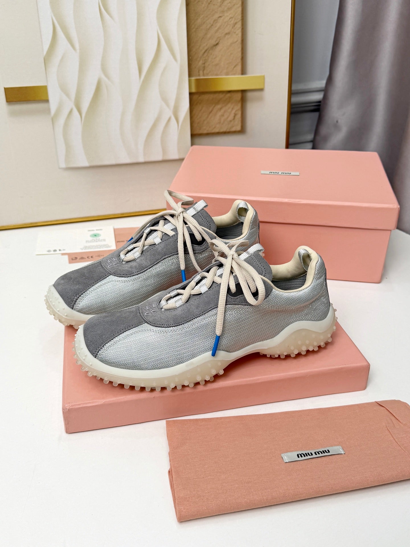 Cloudy Gray Bubble Technical Fabric & Suede Sneakers