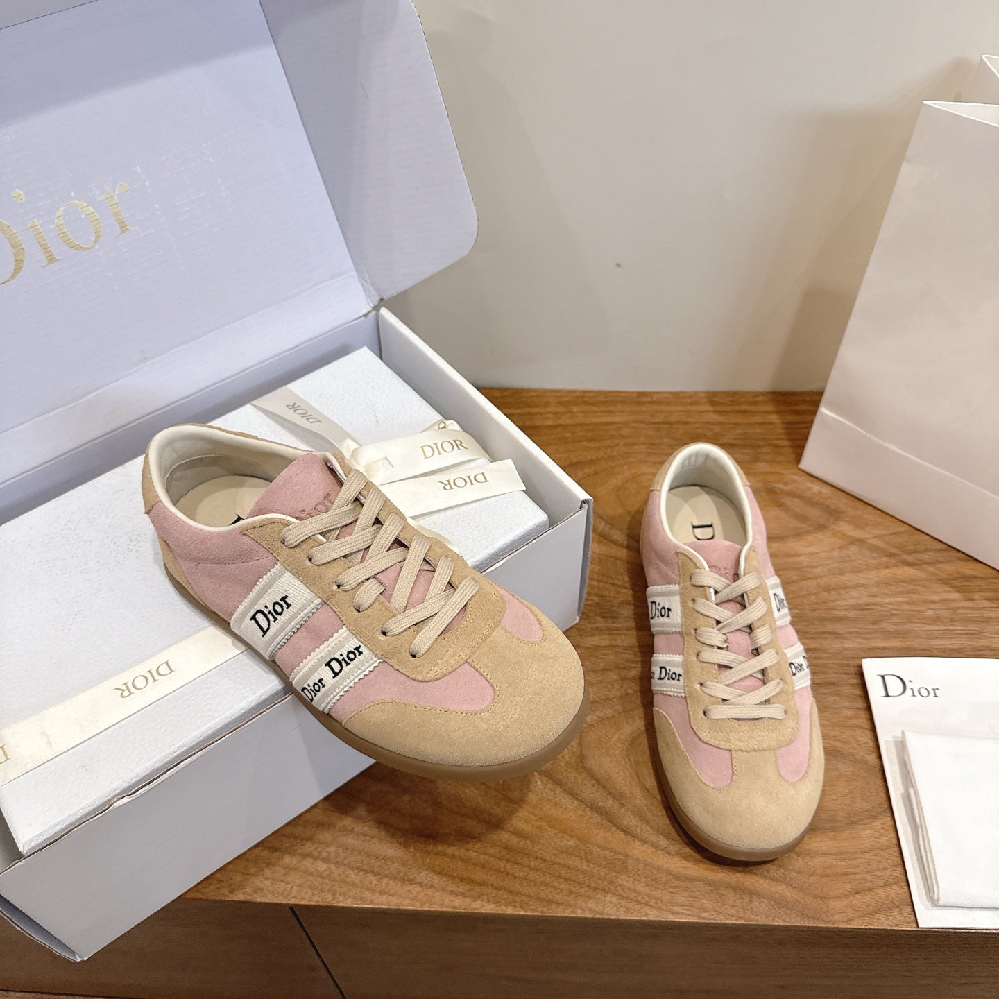 Pink & Beige Suede Ribbon Sneaker