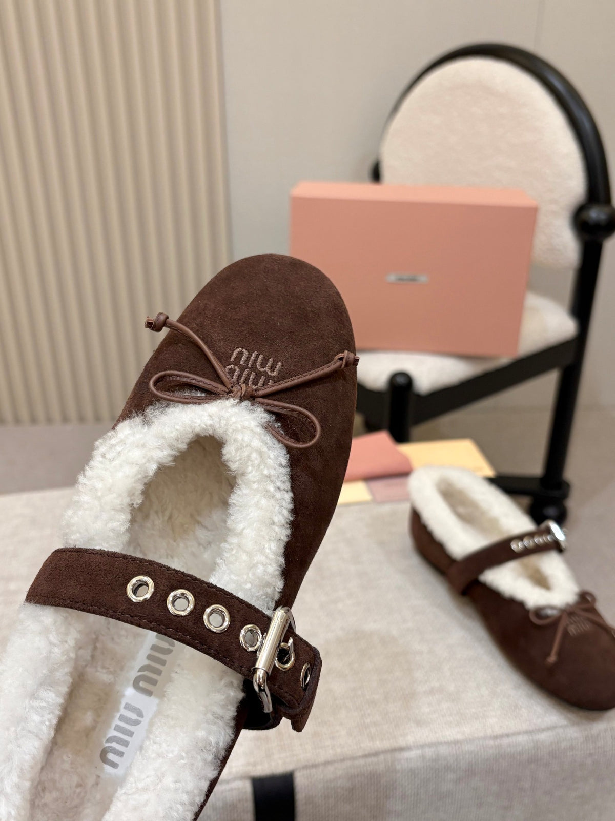 Dark Brown Suede And Shearling Ballerinas