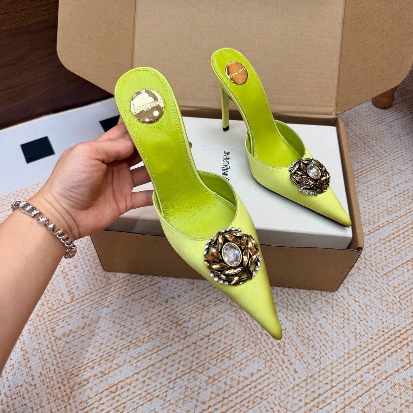 Lemon Green Cosmo Mules In Satin