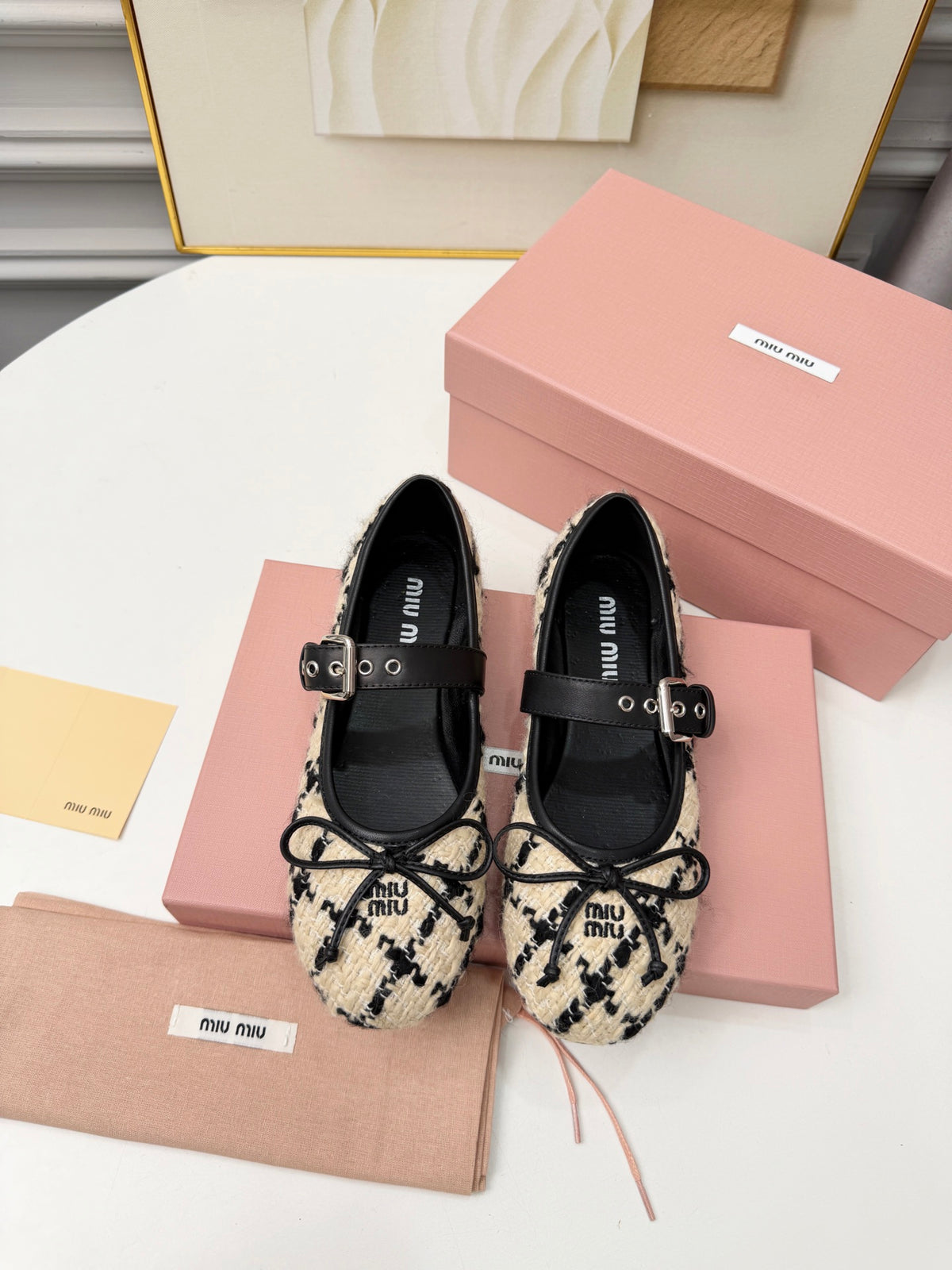 Ivory Black Boucle Check Ballerinas