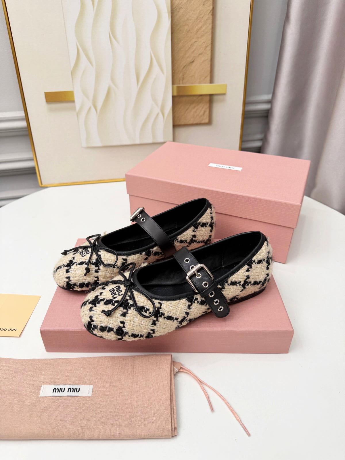Ivory Black Boucle Check Ballerinas