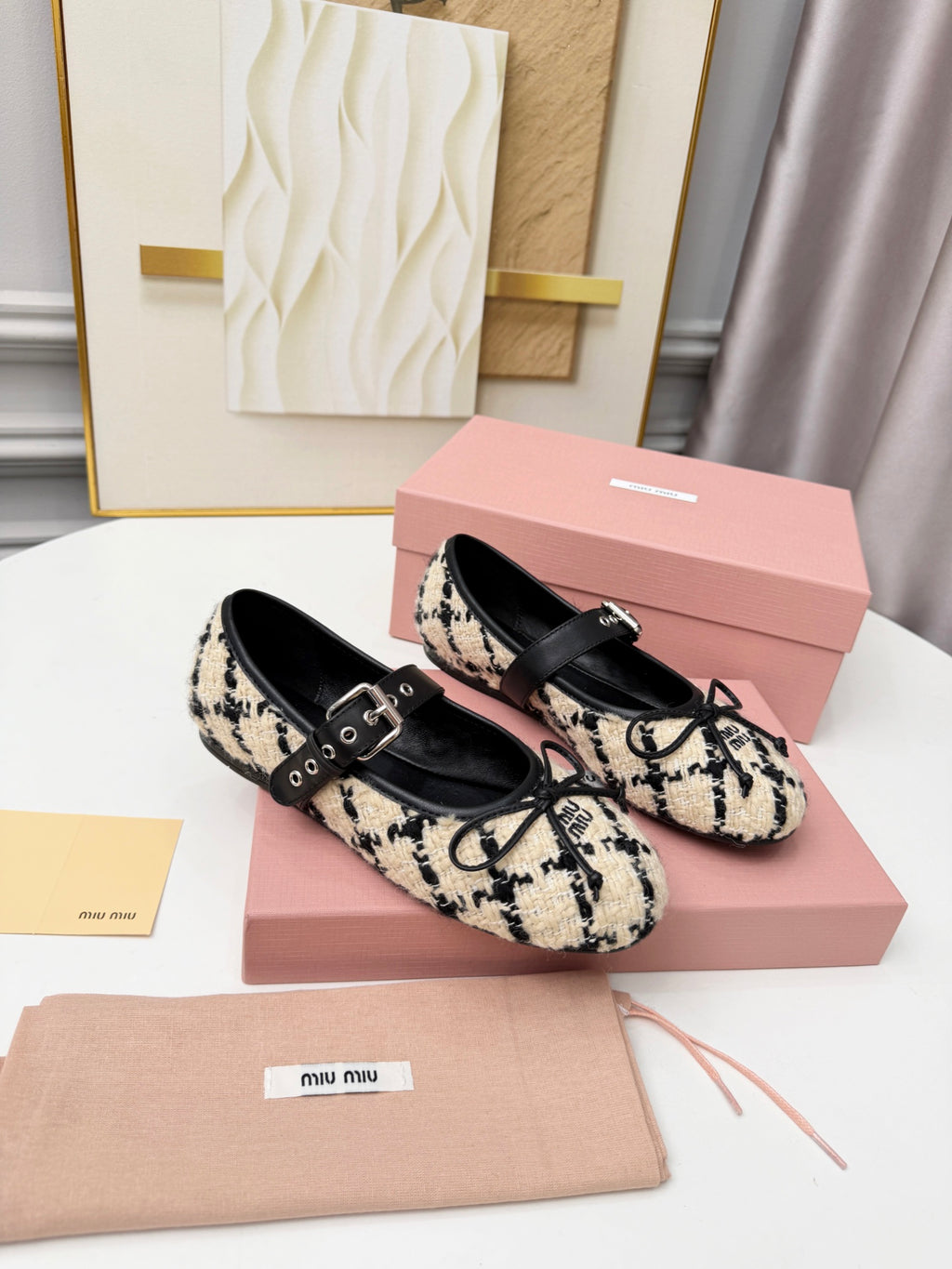 Ivory Black Boucle Check Ballerinas