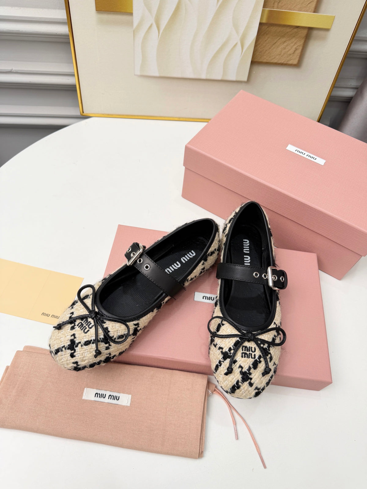 Ivory Black Boucle Check Ballerinas
