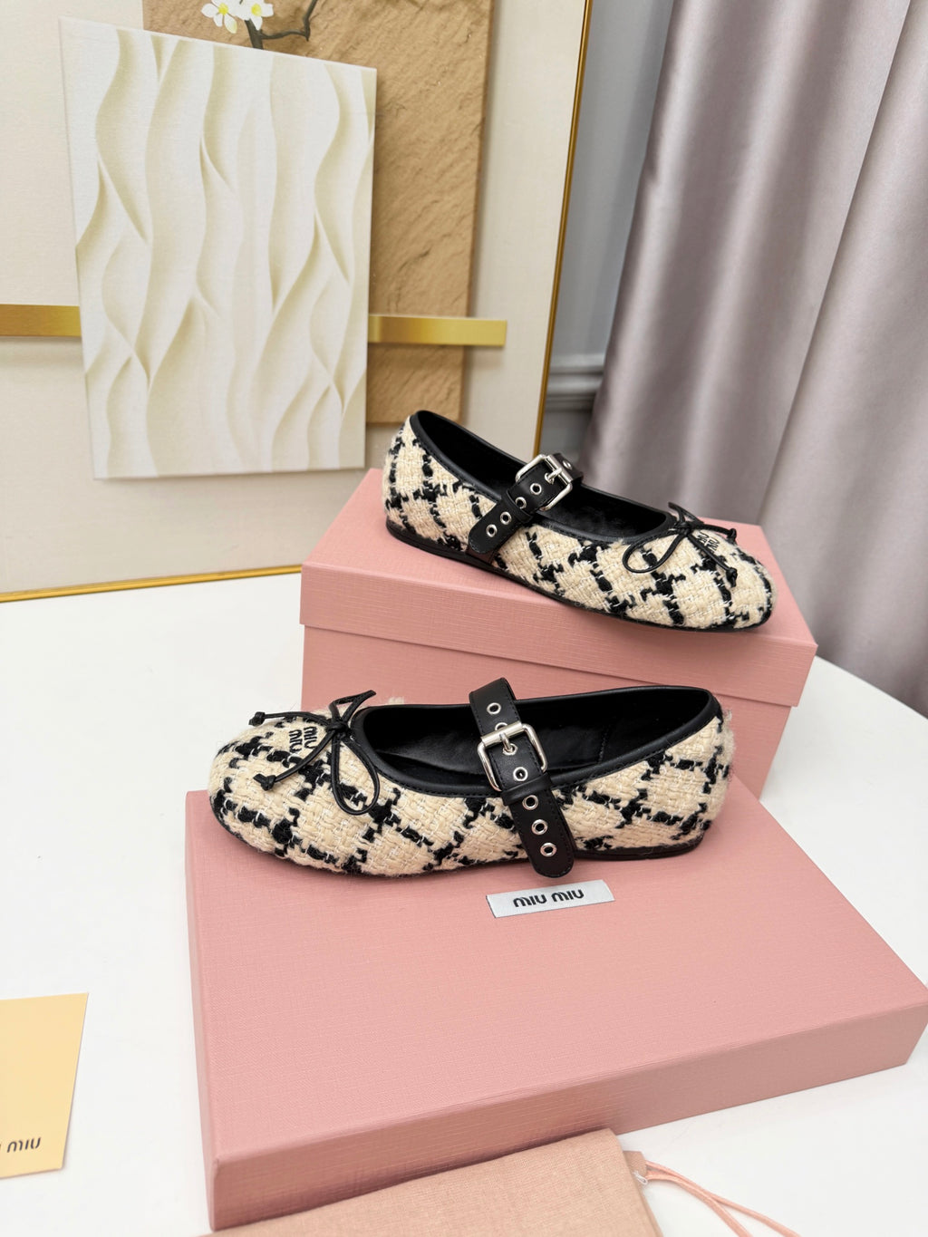 Ivory Black Boucle Check Ballerinas
