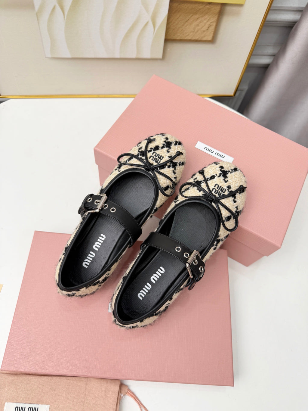 Ivory Black Boucle Check Ballerinas