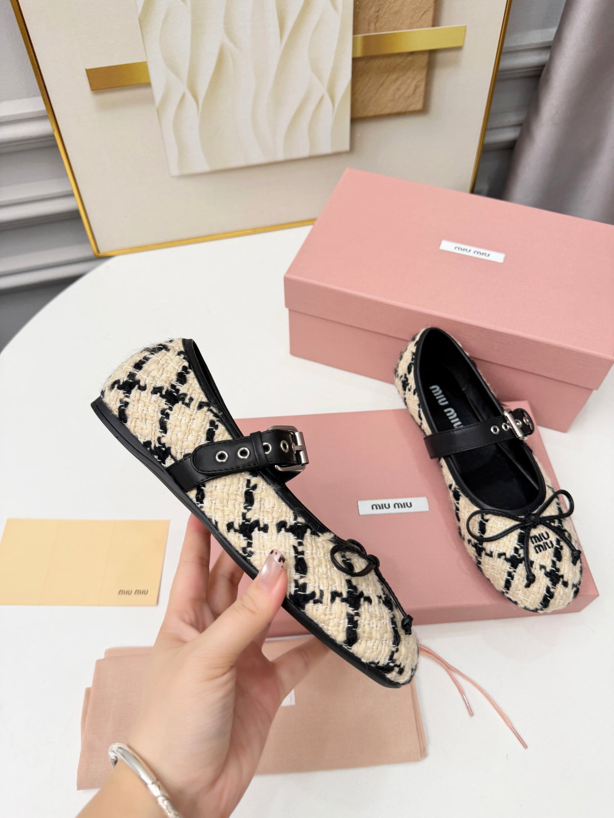 Ivory Black Boucle Check Ballerinas