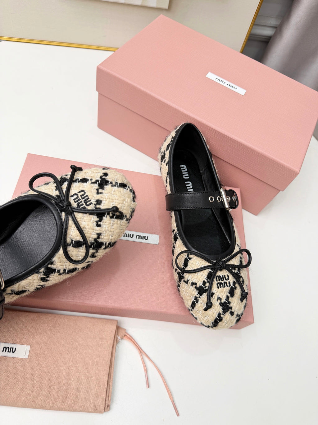 Ivory Black Boucle Check Ballerinas