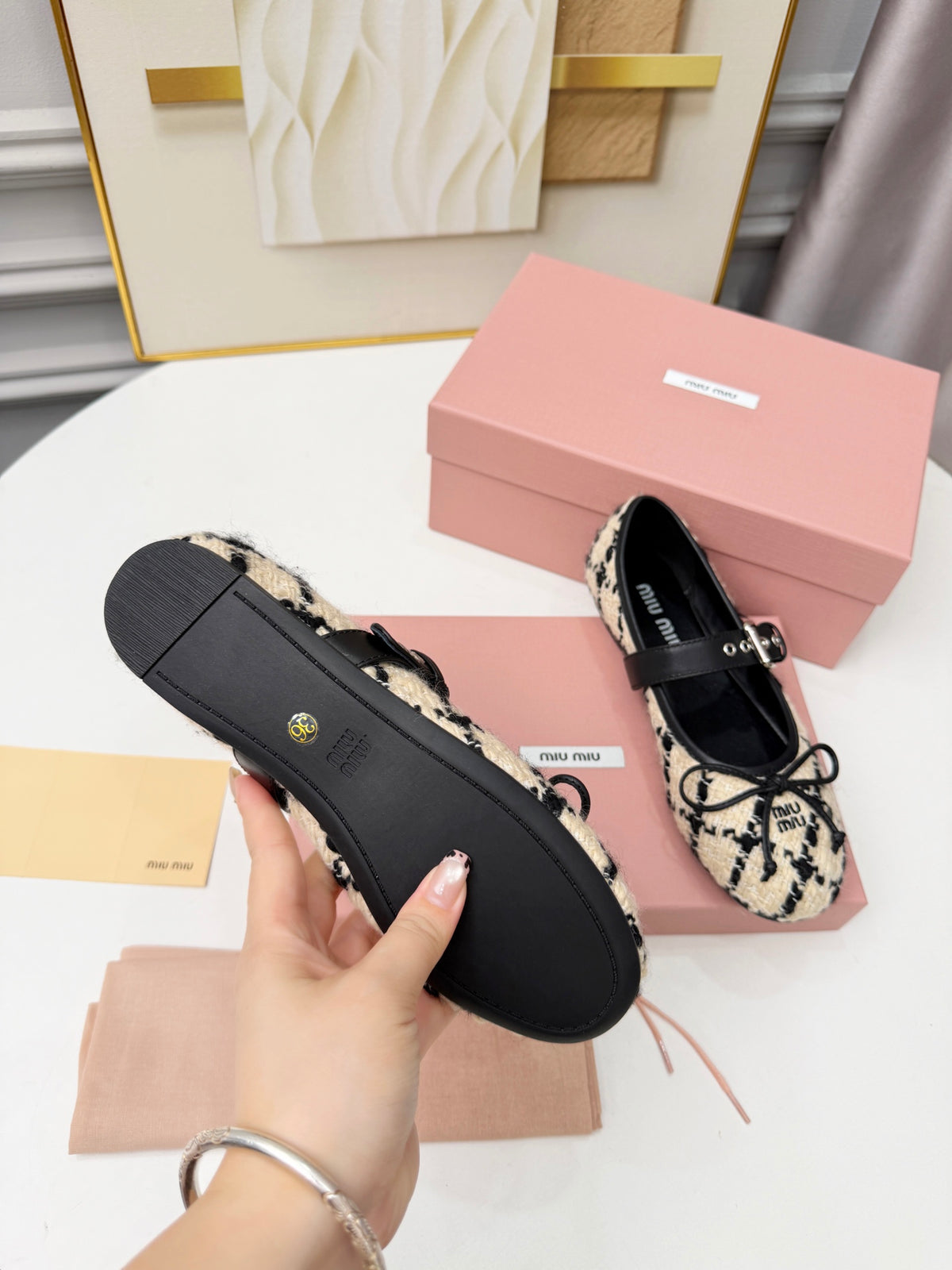 Ivory Black Boucle Check Ballerinas