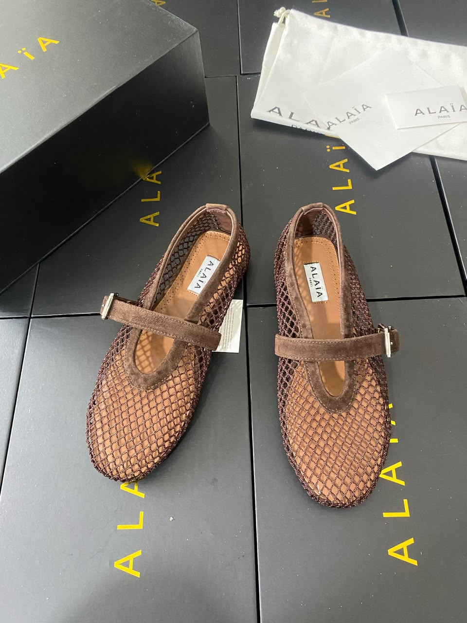 Kaki Suede-Trimmed Mesh Ballet Flats - Image 3