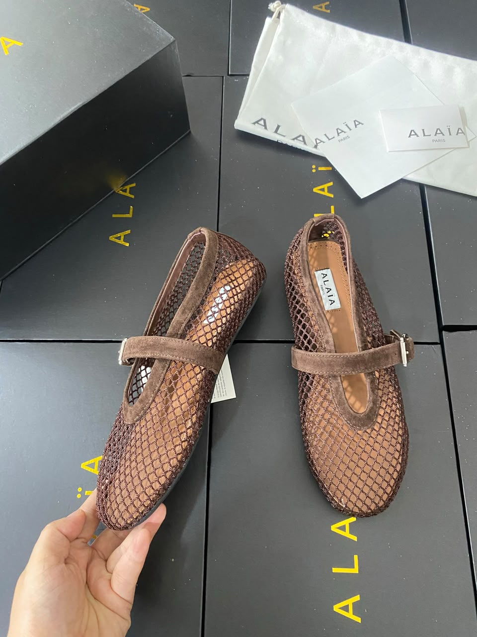 Kaki Suede-Trimmed Mesh Ballet Flats - Image 6
