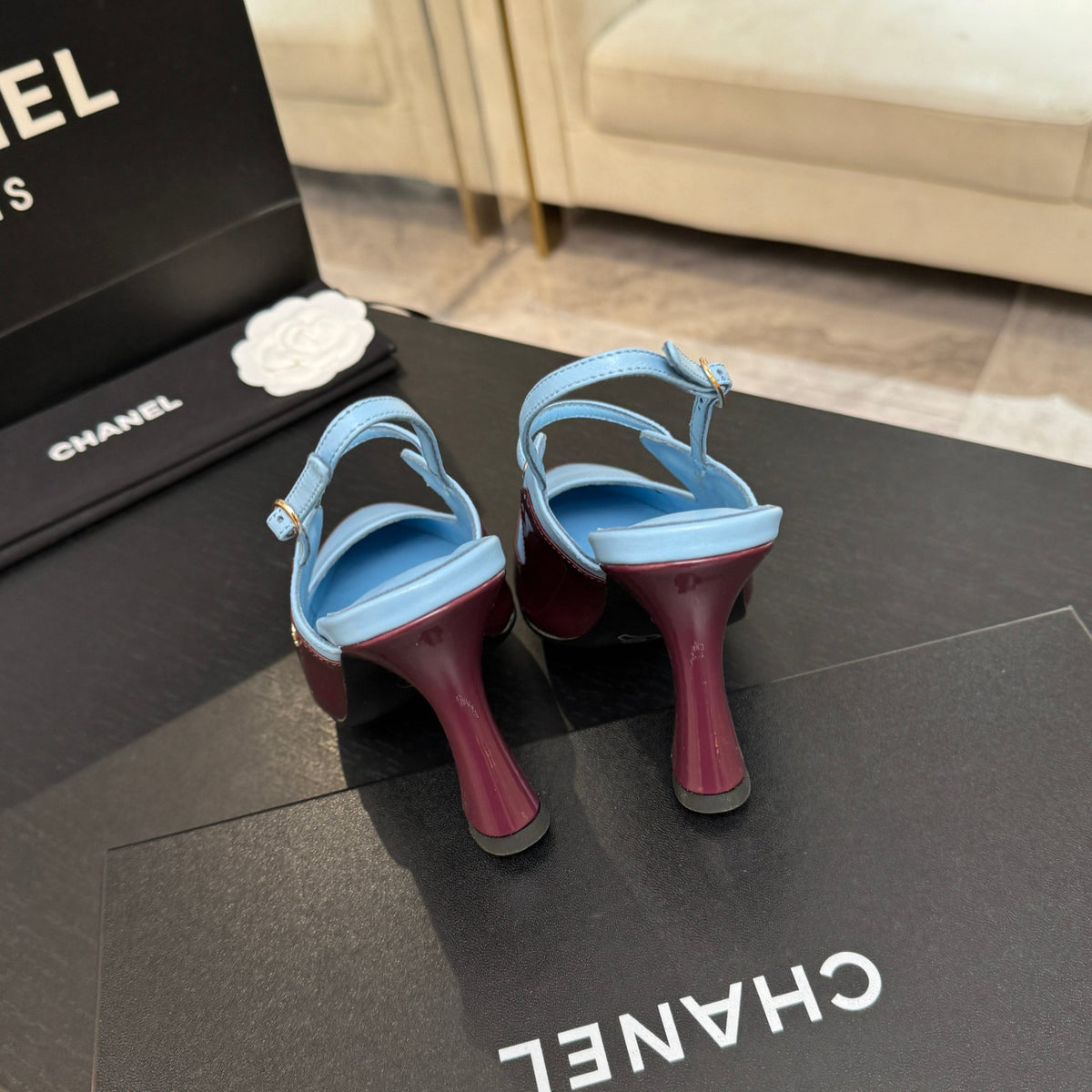 Light Blue & Dark Burgundy Slingbacks - 6