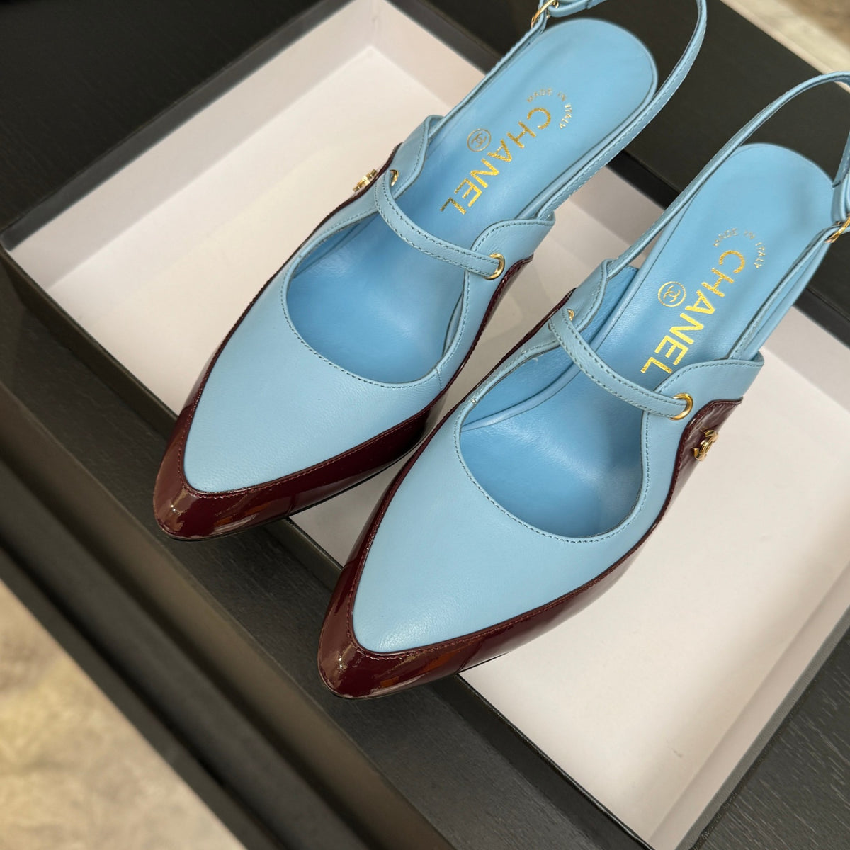 Light Blue & Dark Burgundy Slingbacks - 7