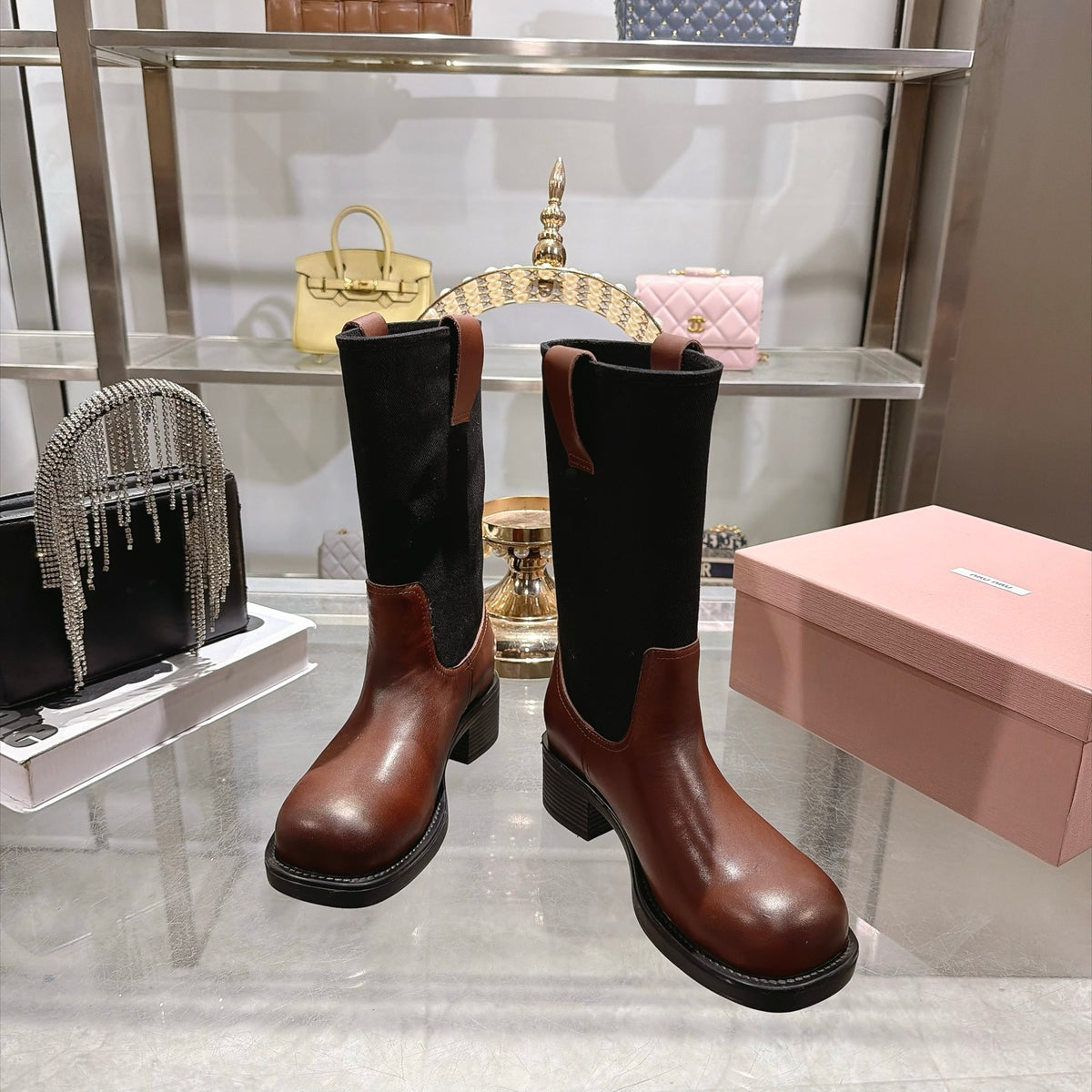 Oak Brown & Black Leather And Drill Mid-Calf Boots - 2