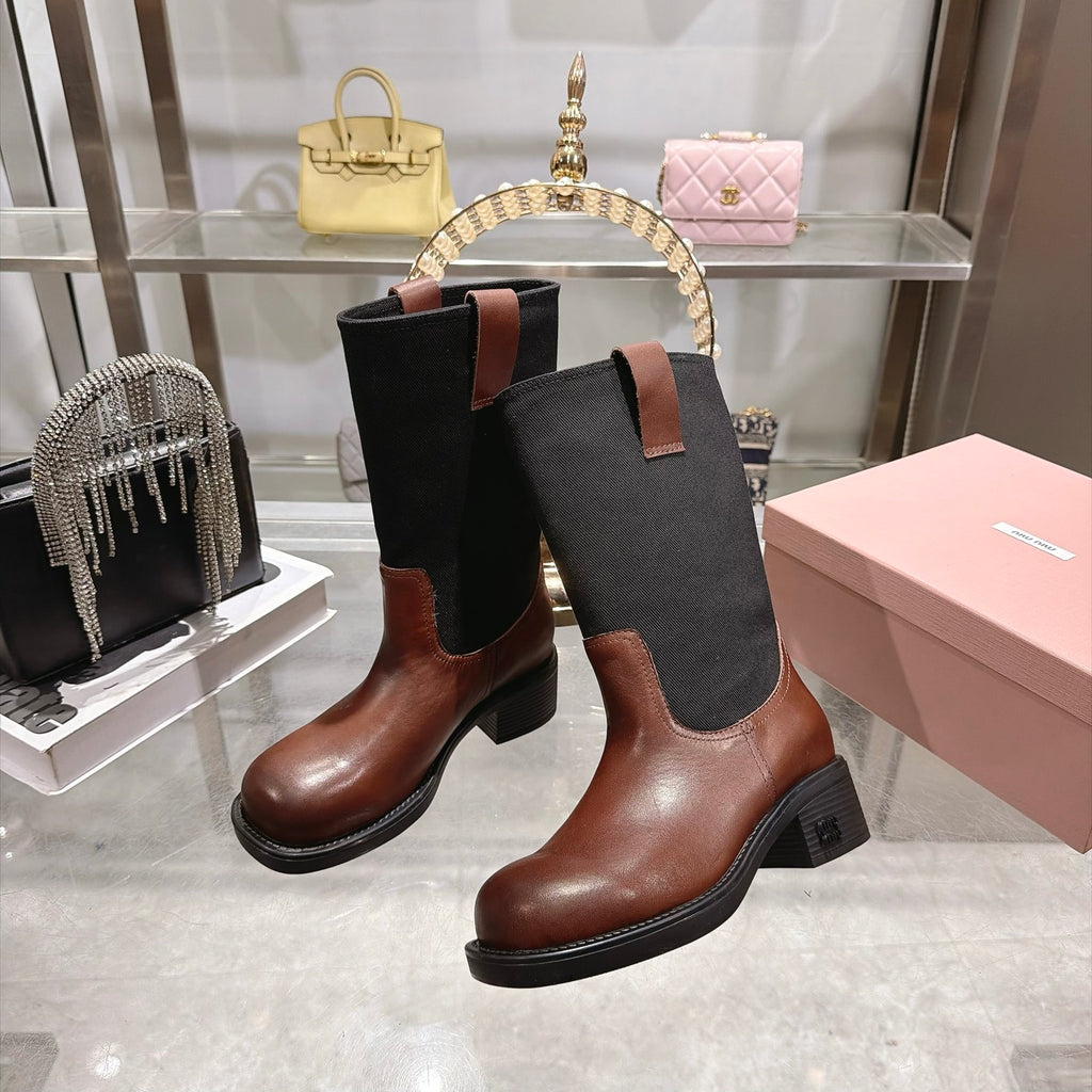 Oak Brown & Black Leather And Drill Mid-Calf Boots - 3