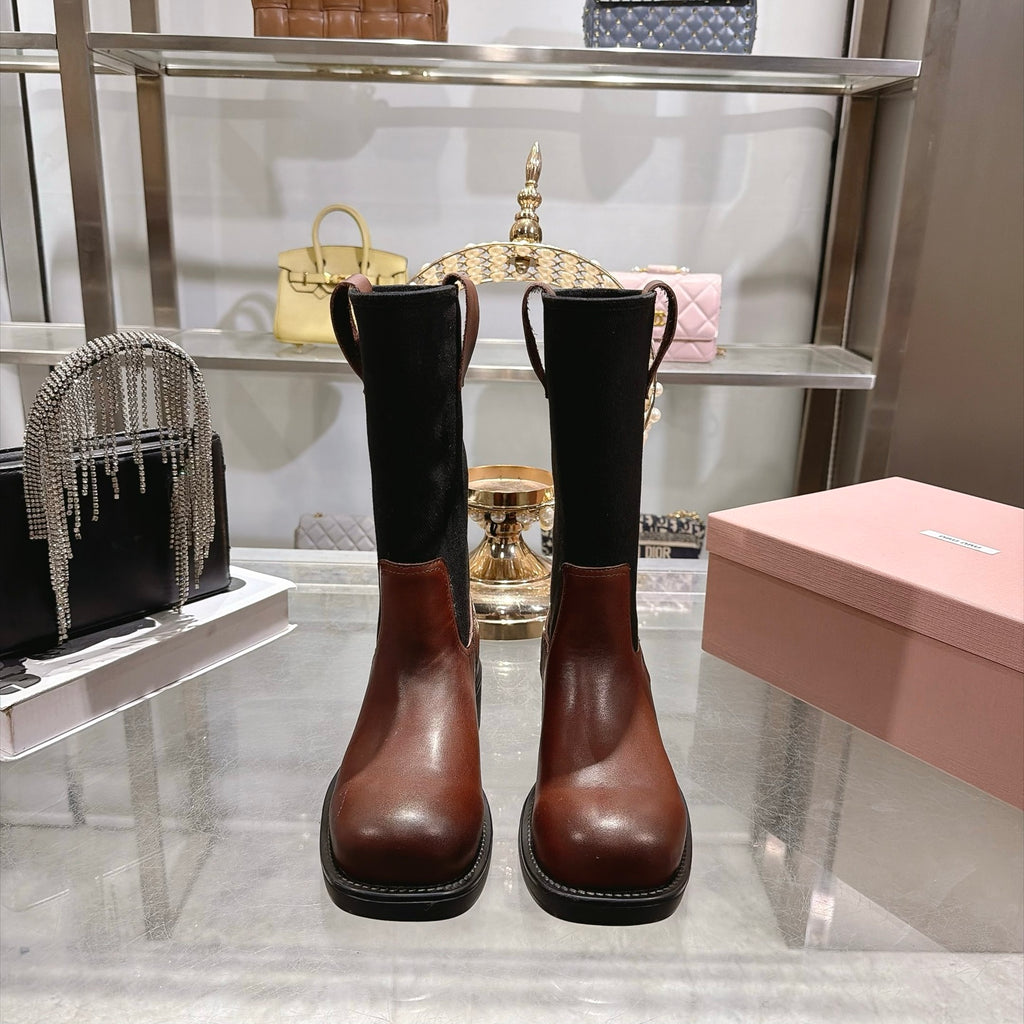 Oak Brown & Black Leather And Drill Mid-Calf Boots - 4